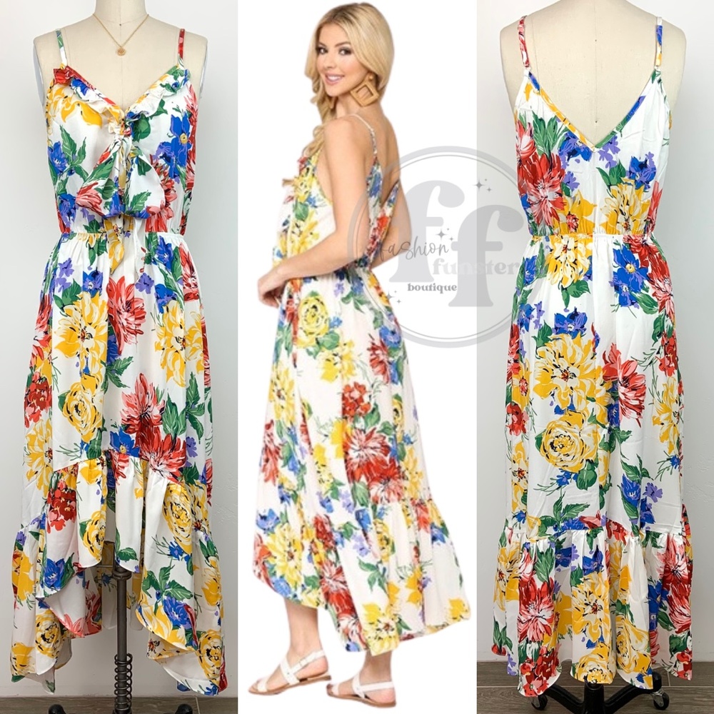 Gigio Rainbow Pop Art Floral Print Ruffle Bow Scarf Bodice High Low Maxi Dress - Picture 2 of 9